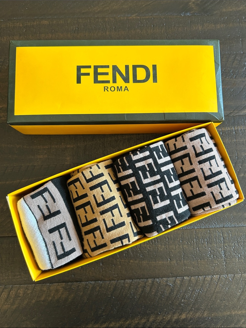 Fendi Ladies FF Logo Casual Socks - Black, Brown & Tan Set - 4 pairs/mid calf